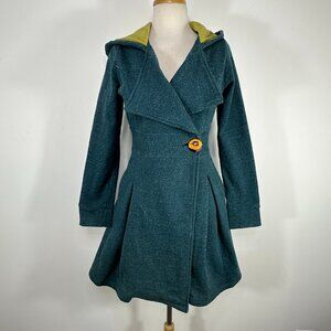 Rebe Knee Length Hooded Swing Coat Women Sz Small One Button Turquoise